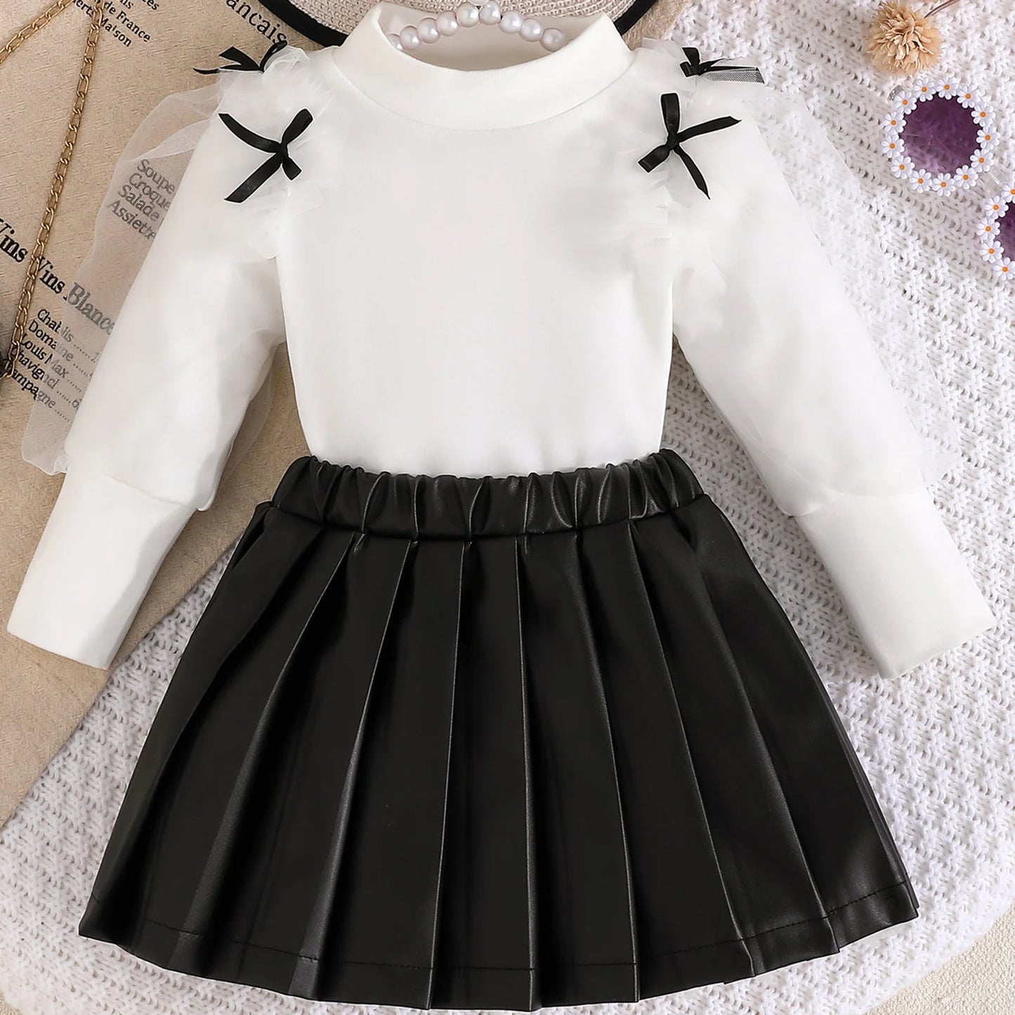 Toddler Kids Girls Fall Clothes Set - Mesh Bow Mock Neck Long Sleeve Top & Pleated Skirt