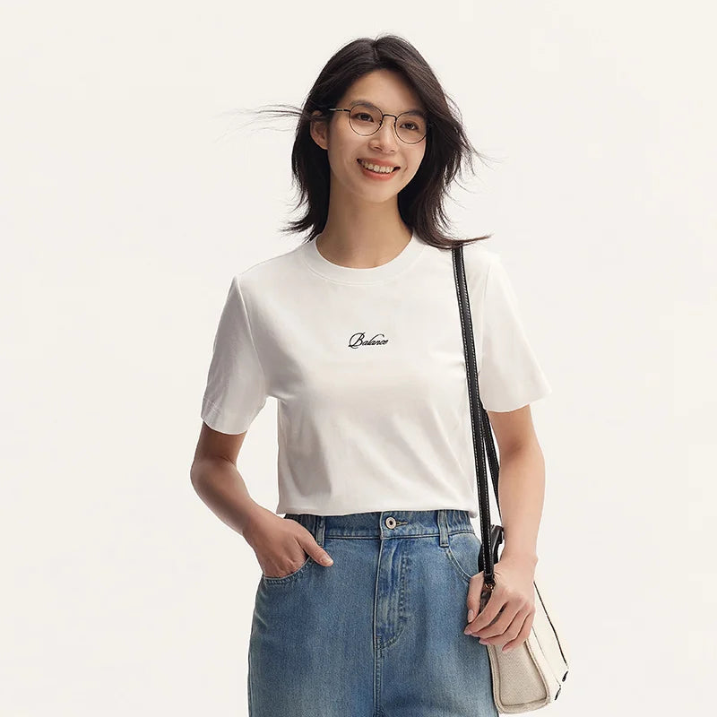 Women's Pure Cotton Short Sleeve T-Shirt - Simple Lettering Design