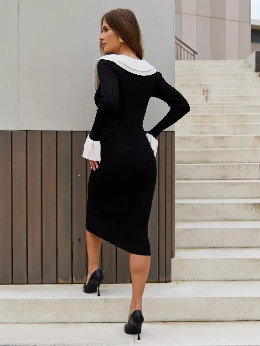 Women's Knitted Long Splice Contrast Colour Bodycon Sweater Elegant Flare Sleeve Dress