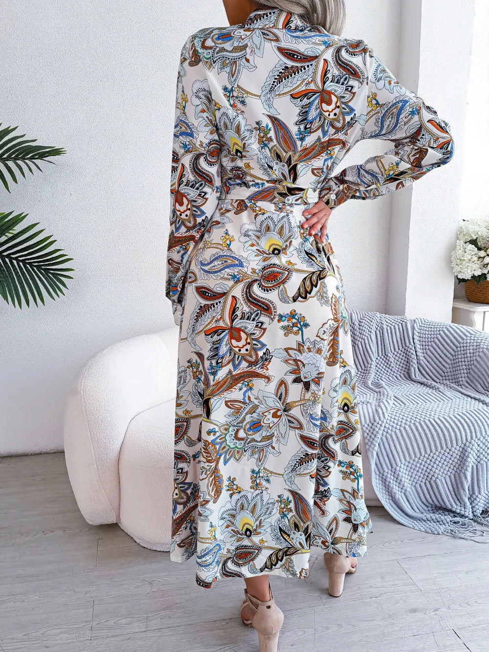 Women'S Spring Summer Retro Floral Collar Long Sleeve Tie Up Shirt Dress