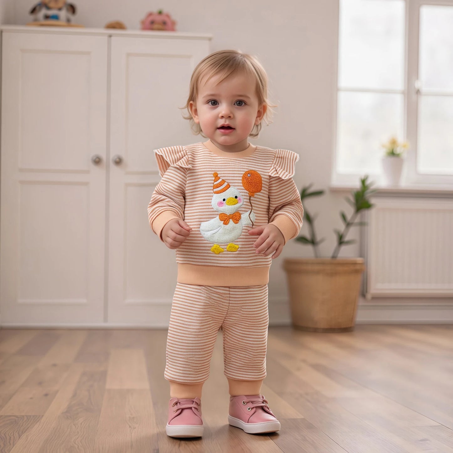 Baby Girls Goose Embroidered Striped Outfit Set (0-4Y)