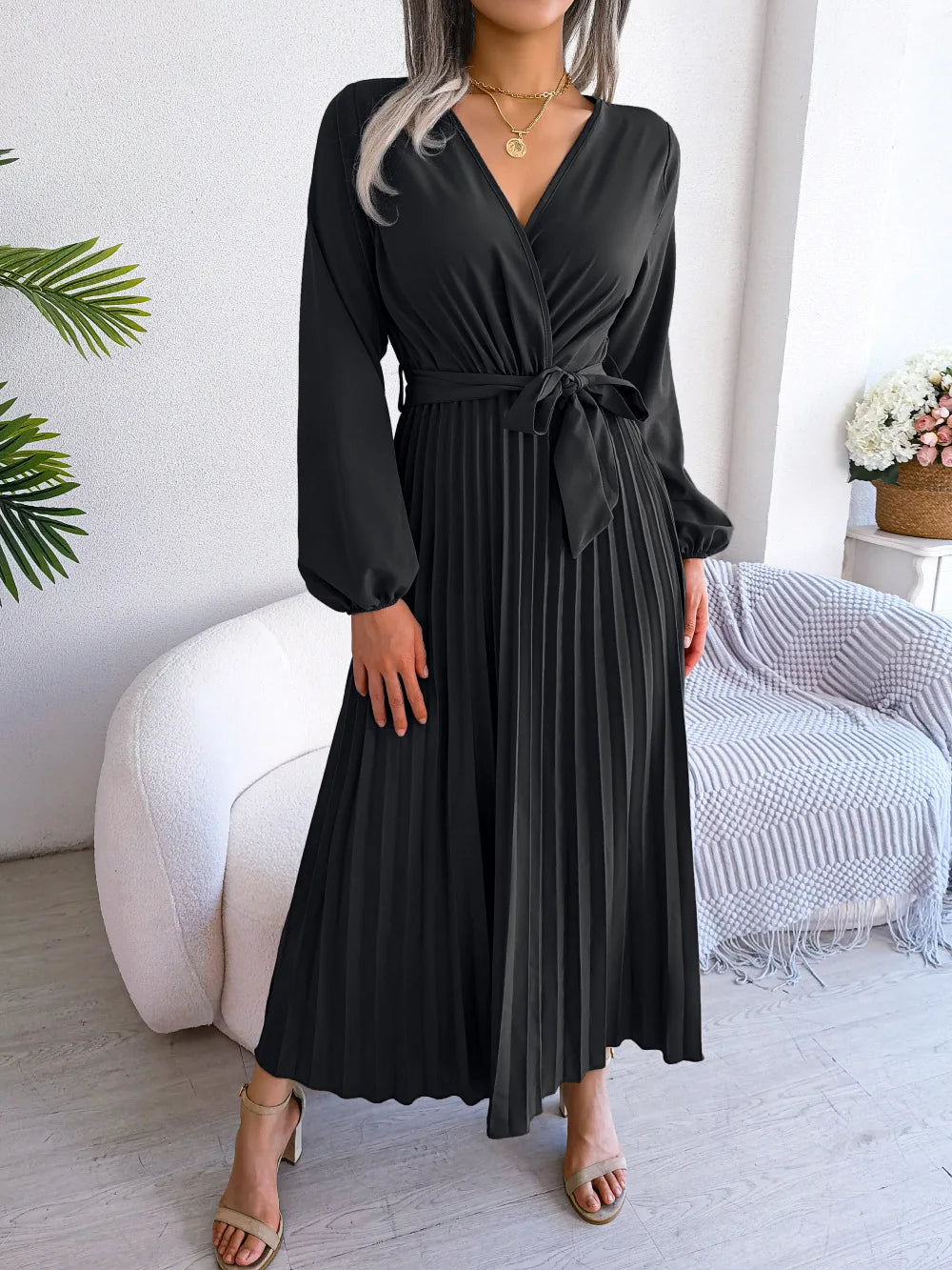 Women's Spring Summer Cross V Neck Large Hem Pleated Long Dress