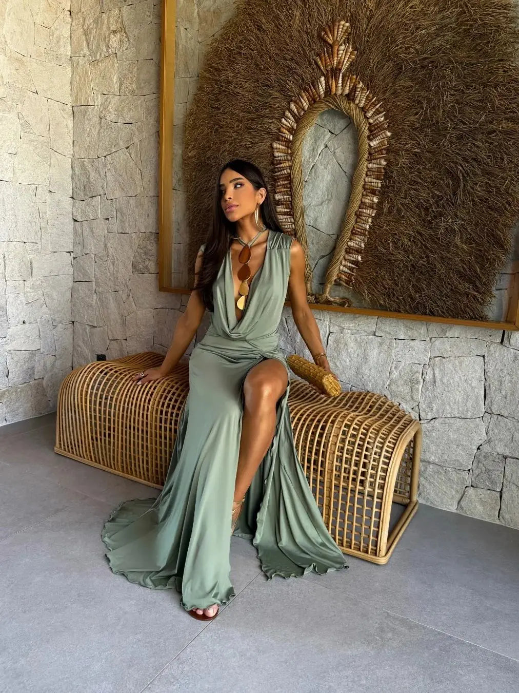 Women's Chiffon Metallic Cut-Out Dress - V-Neck Backless Halter with Ruched Detail