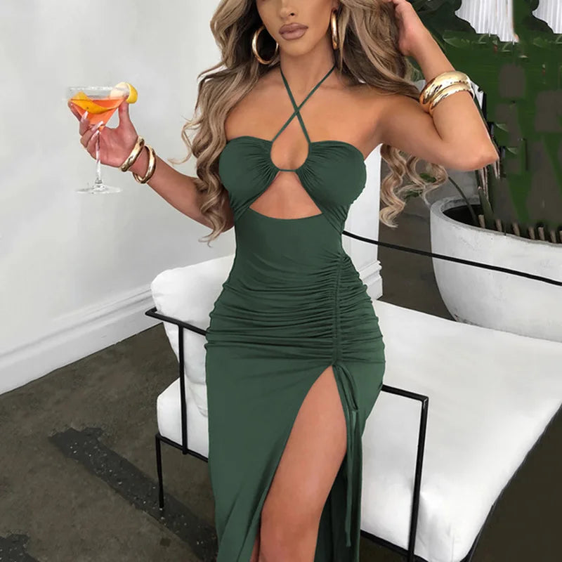 Women's Halter Backless Sleeveless Cut Out Maxi Elegant Party Slit Dress