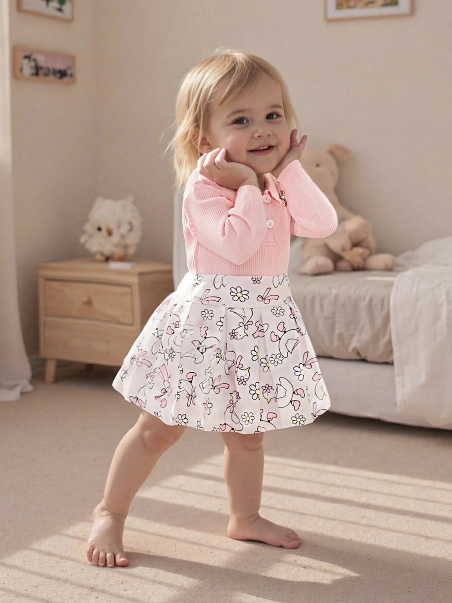 Baby Girls Animal Embroidery Outfit Set - Long Sleeve Top & Floral Print Skirt (0-4Y)