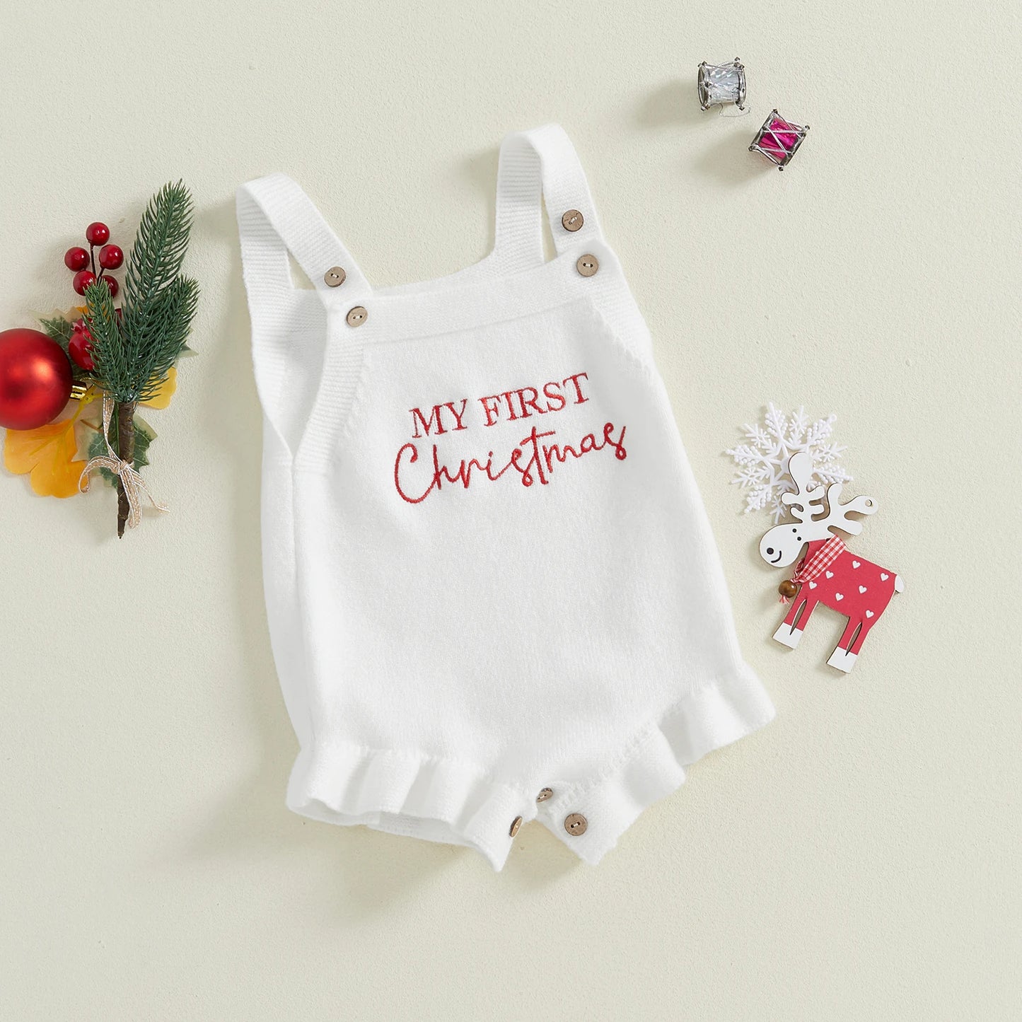 Baby Girl's Knit Romper - Sleeveless Square Neck Letter Embroidery Ruffle