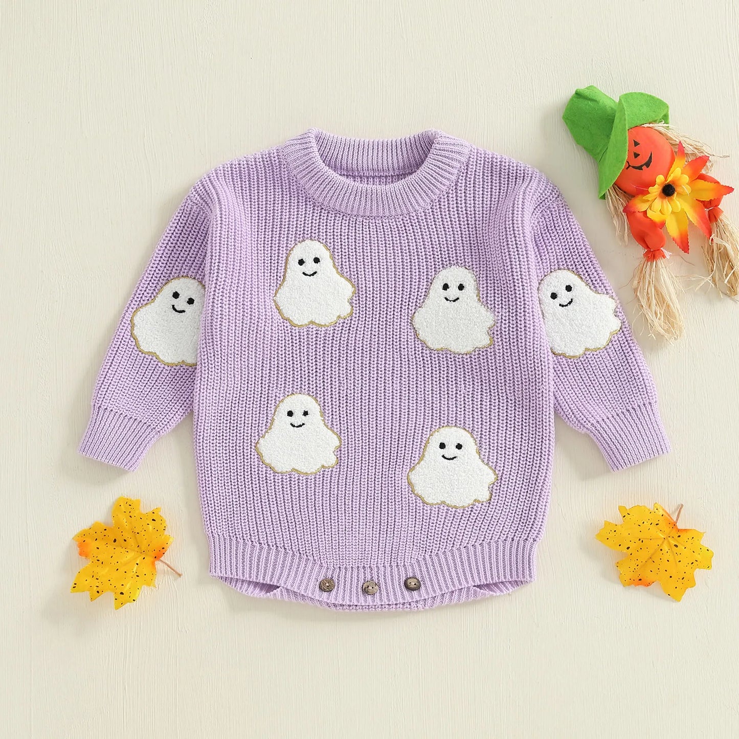 Baby Halloween Sweater Romper - Ghost Embroidery Crewneck Long Sleeve