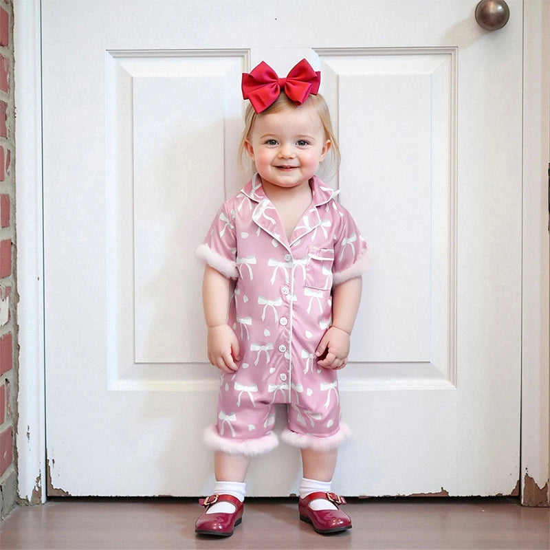 Baby Girls' Satin Romper Pajamas - Bow Print Feather Cuffs Short Sleeve Lapel Jumpsuit