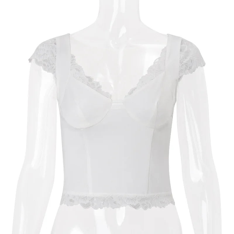 Women's Summer White Lace Trim Top V Neck Cropped Tops Solid Clothes Basic Casual T-shirt