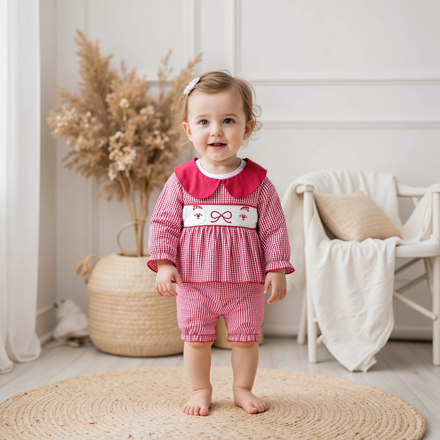 Baby Girls' Christmas Outfit Set - Long Sleeve Plaid Top & Lantern Shorts 2 Piece