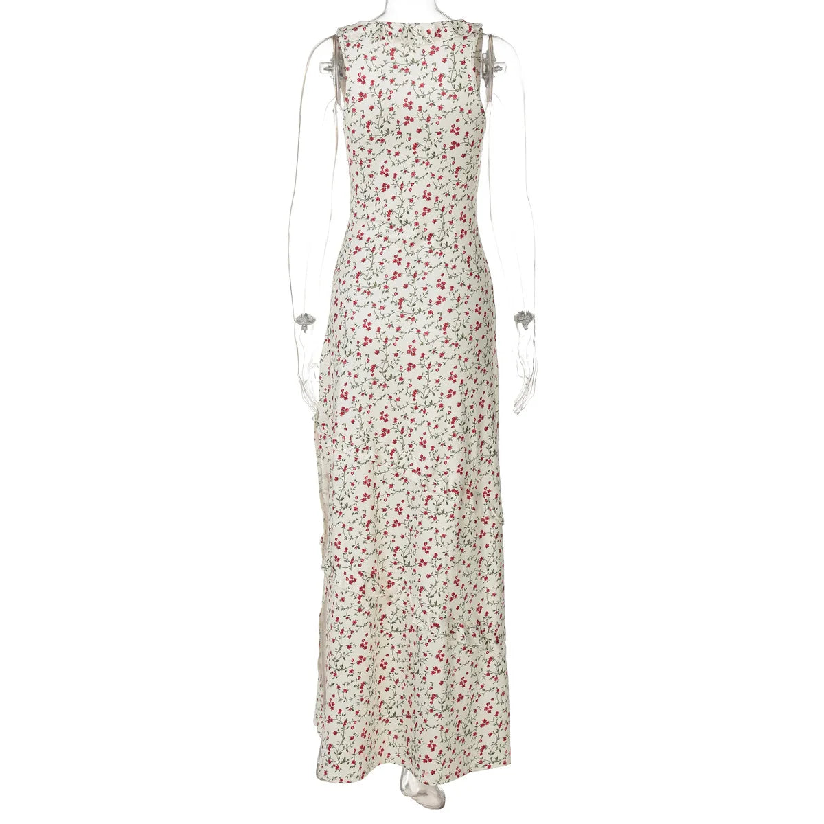 Women's Summer Floral Print Draped V Neck Maxi Ruffled Detail Sun Dress