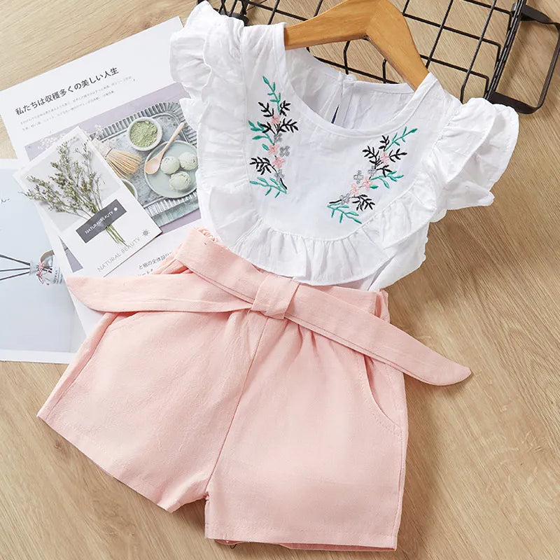 Girls Summer Feather Outfit Set - Sleeveless Top & Bandage Shorts