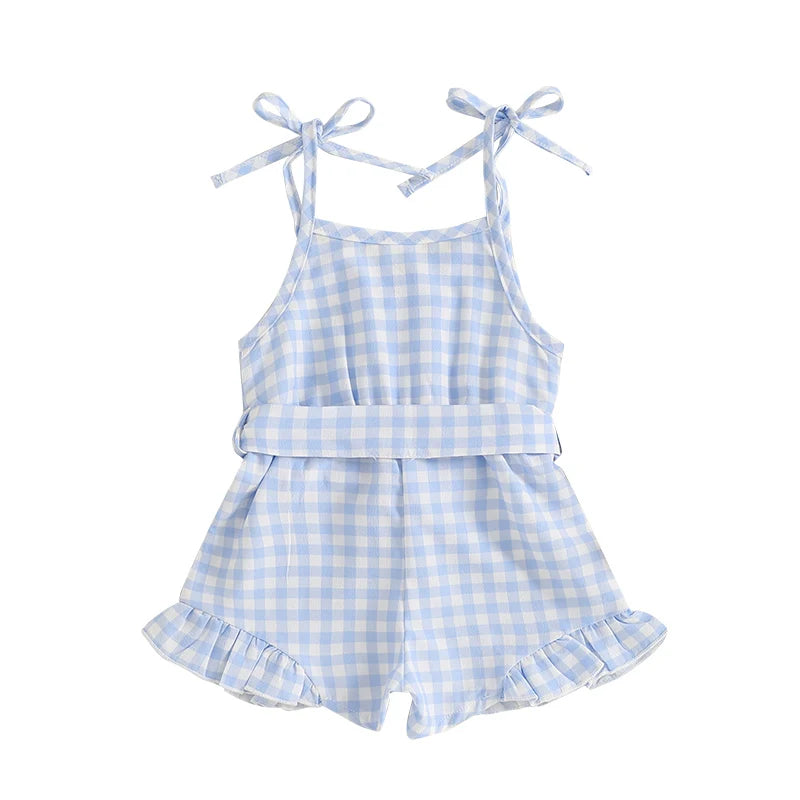 1-5Y Kids Girls Summer Jumpsuit Plaid Print Sleeveless Button Up Ruffle Trim Overalls with Belt