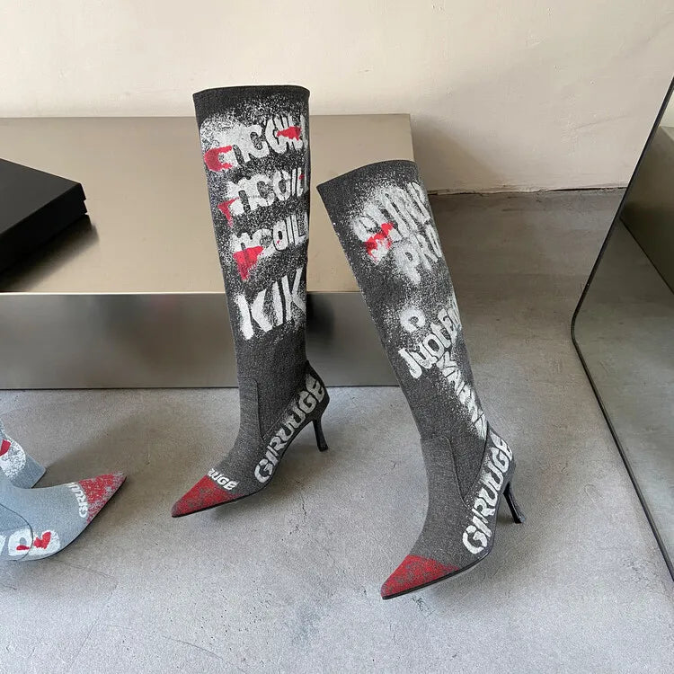 Women's 7cm Thin Heel Graffiti Folded Denim Boots