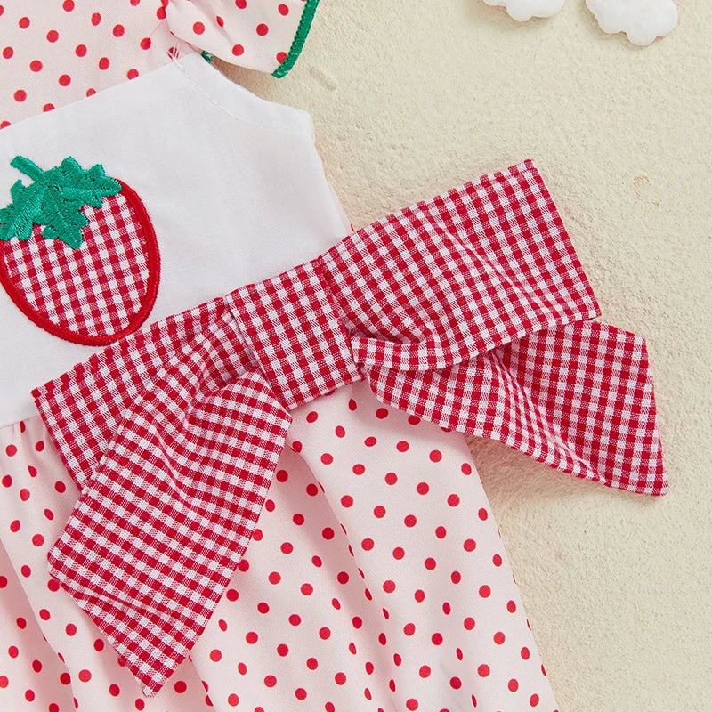 0-18M Baby Girls Romper for Summer Strawberry Embroidery Dot Print Crew Neck Ruffled Flying Sleeve Babygrow Jumpsuit
