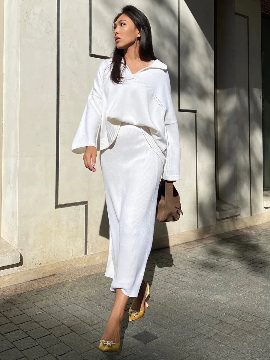 Women's Loose Sweater V-Neck Knit Pullover Top and Long High Waist Skirt 2 Piece Set