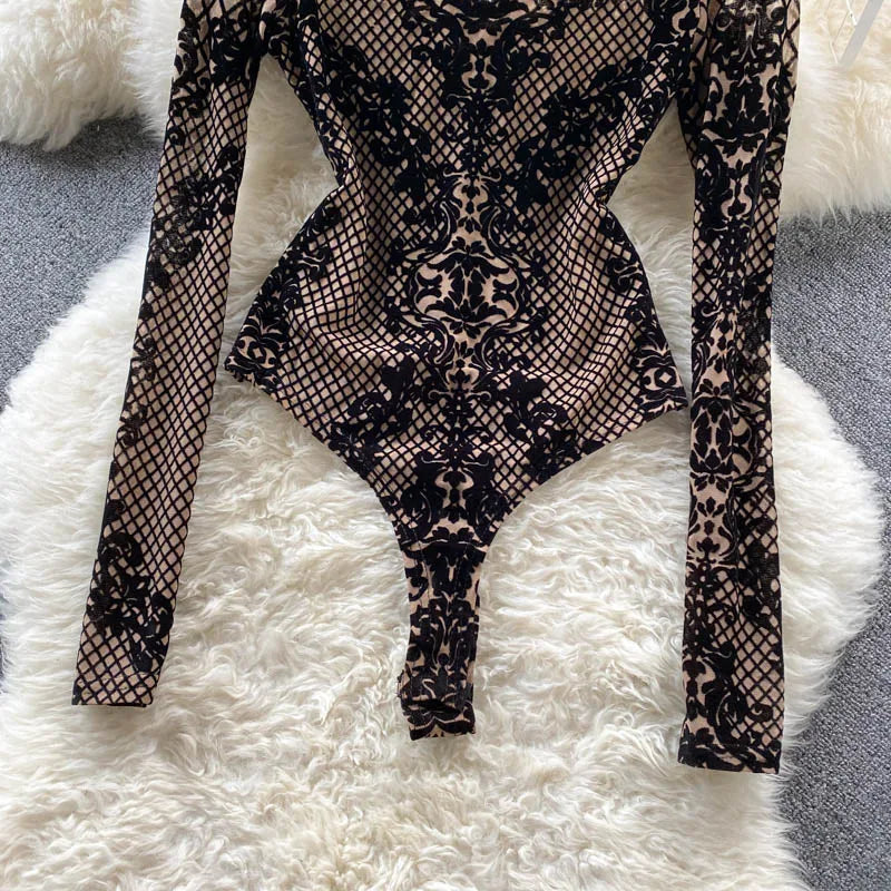 Women's Summer Chic Flocking Slim Backless Bodycon Bodysuit