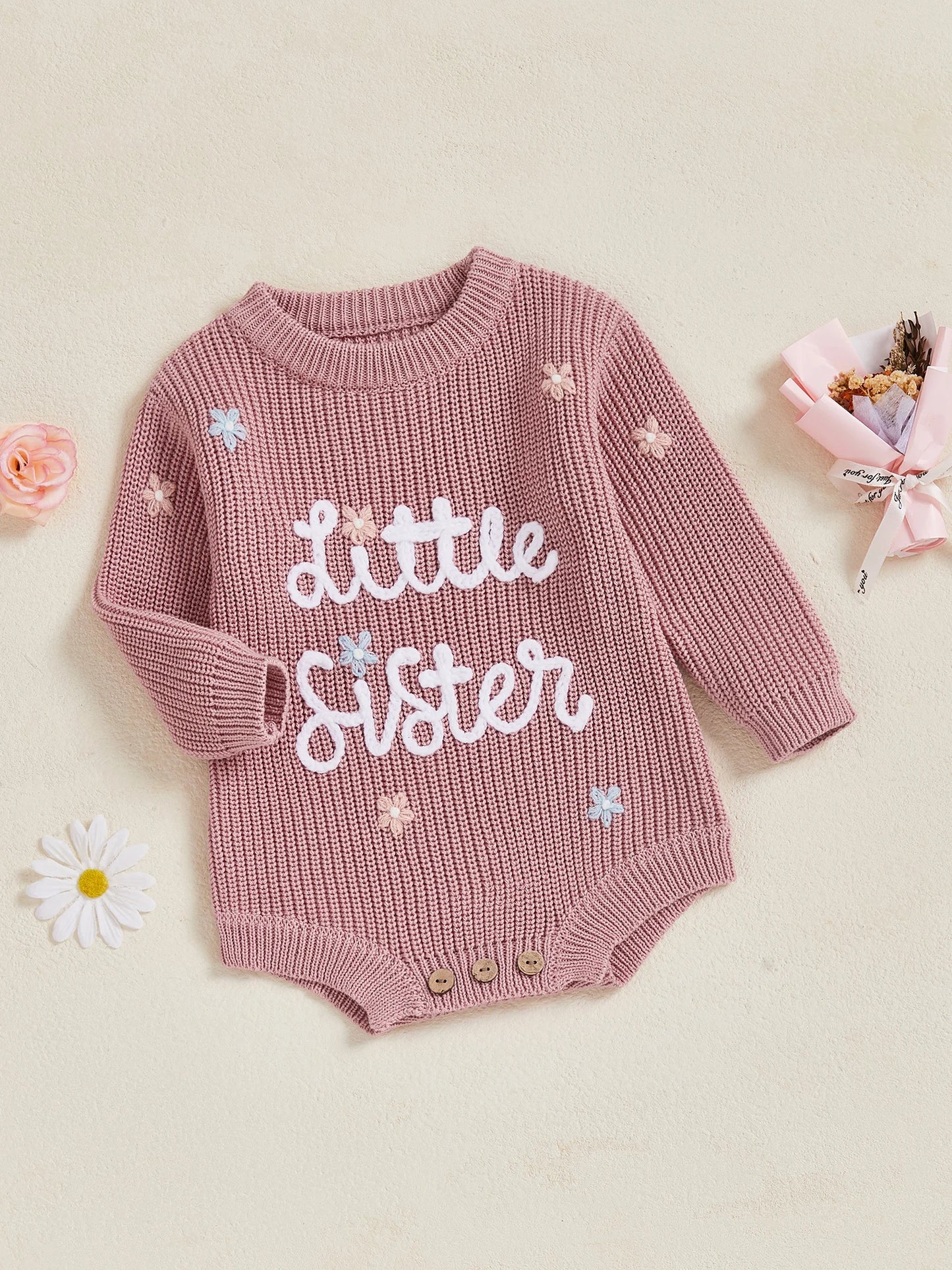 Newborn Baby Sweater Romper - Letter Floral Embroidery Round Neck Knit Jumpsuit