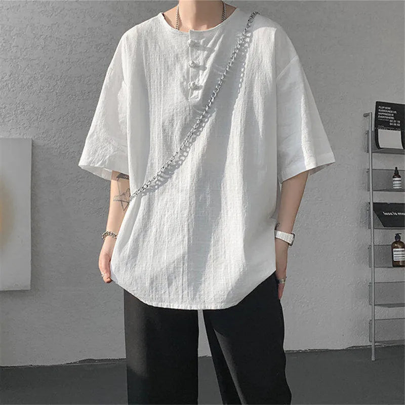 Men's Summer Cotton Linen Half Sleeve Breathable Round-Neck Loose Casual T-shirt