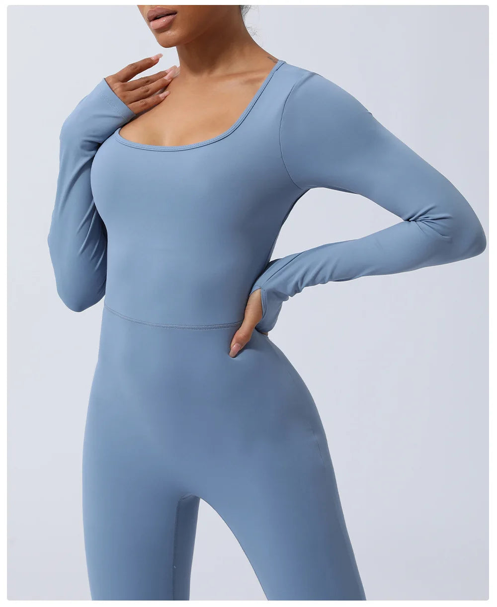Women's Long Sleeve Gym Jumpsuit - One Piece Yoga Openwork Back Workout Breathable Sportswear