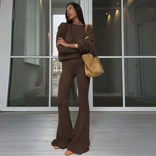 Women's Two Piece Set Asymmetrical Top and Flare Pant Matching Loungewear Set