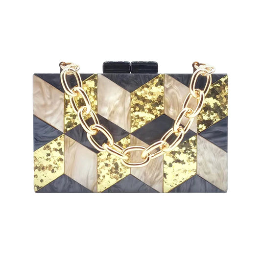 Stylish Black & Gold Glitter Rhombus Acrylic Evening Clutch - Luxury Party Chain Shoulder Bag