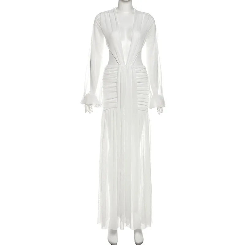 Women's Backless Draped V-Neck Maxi Dress - Ruched Mesh Long Sleeve Gown