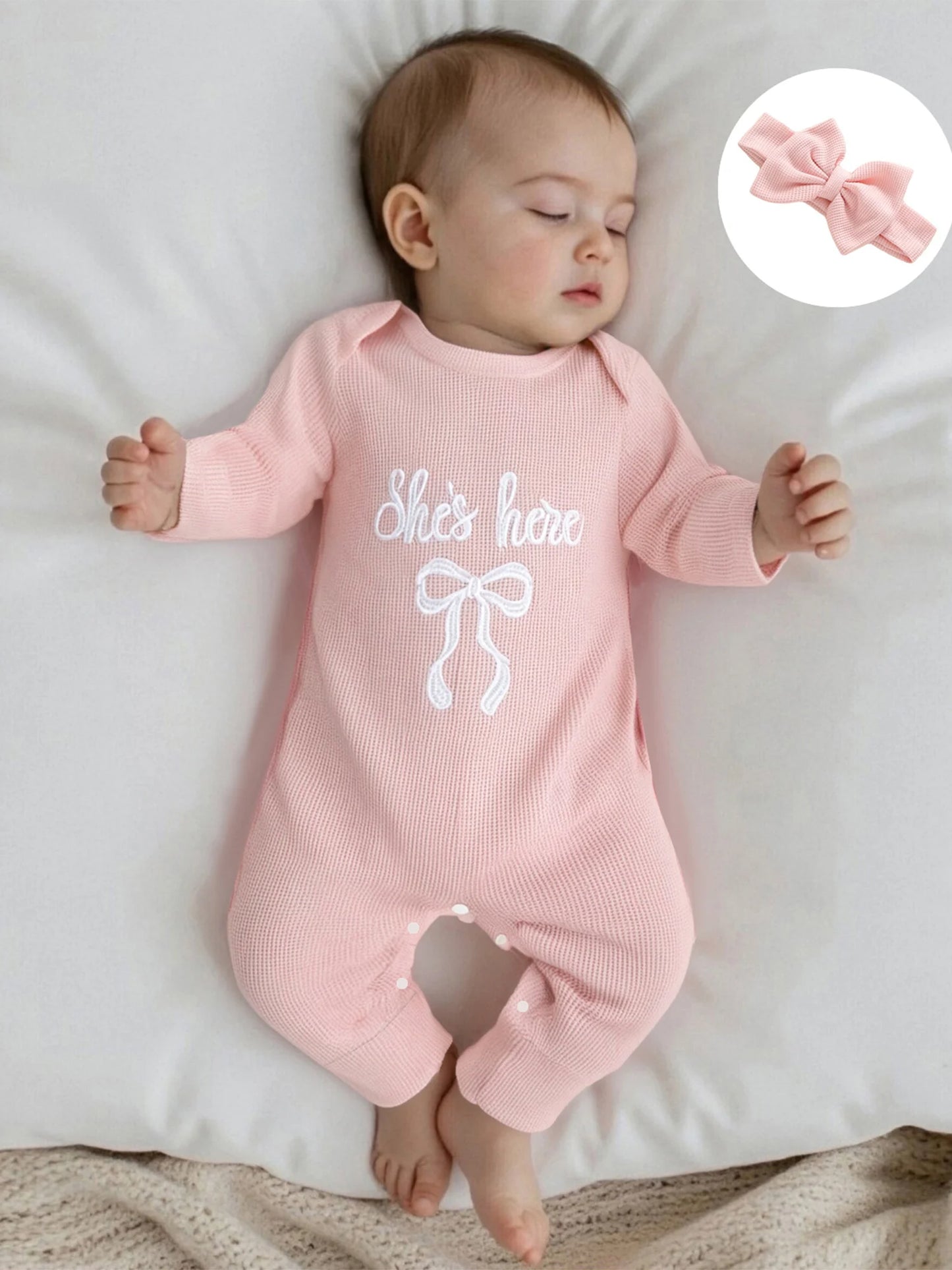 Newborn Baby Fall Winter Romper - Bow Letter Print Waffled Jumpsuit with Headband (0-6M)