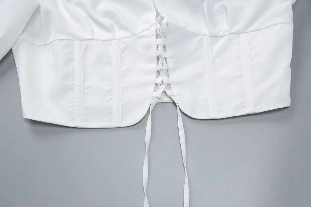 Women's Lace Up White Tie Front Top Shirt Blouse Long Sleeve Cropped Top