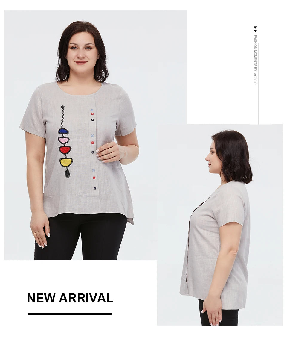 Women's Summer Cotton Linen Oversized Short Sleeve Sequins Button Top