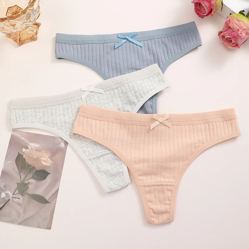 Women's Cotton Bow Tie Underwear 5-Pack - Ribbed Striped Low Waist Thongs