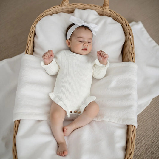 Newborn Baby Knit Romper - Long Sleeve Round Neck Ruffled Sweater Jumpsuit