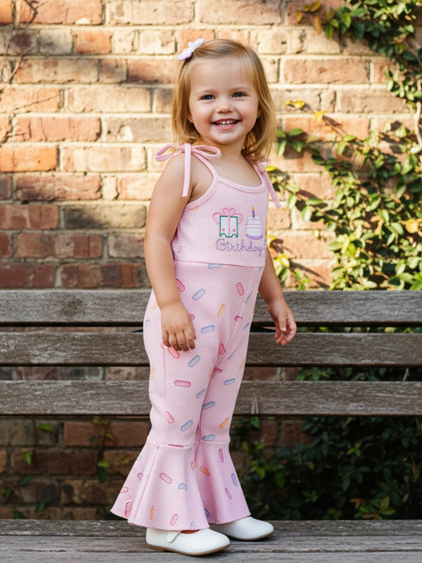 Toddler Girls Birthday Overalls Jumpsuit - Cake Embroidery Sleeveless Bell Bottom Flare Pants