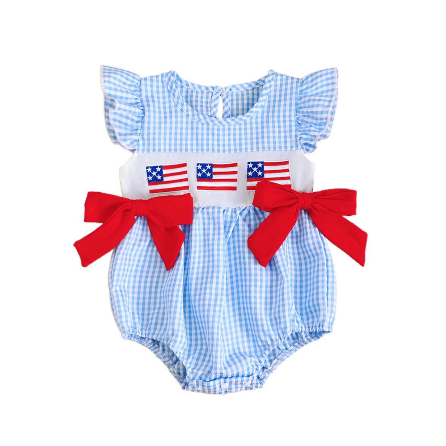 Baby Girls Independence Day Romper - Cute Ruffles Fly Sleeve Plaid Print Jumpsuit (0-18M)