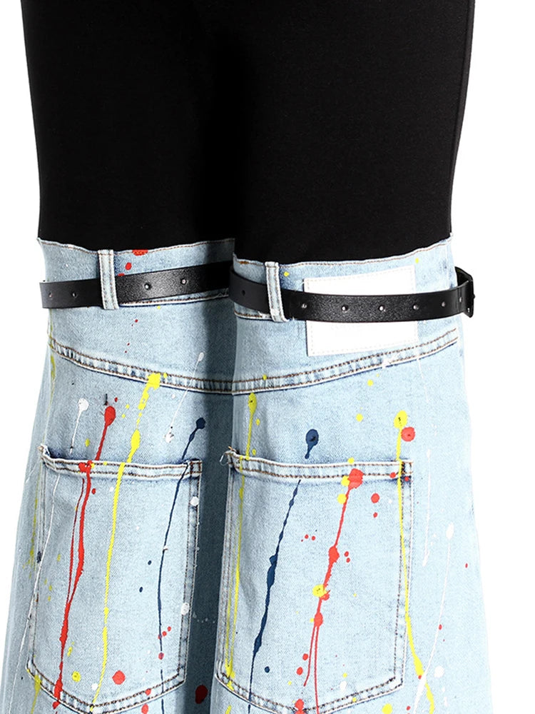 Women's Hit Colour Temperament Spliced Belt Denim Trousers