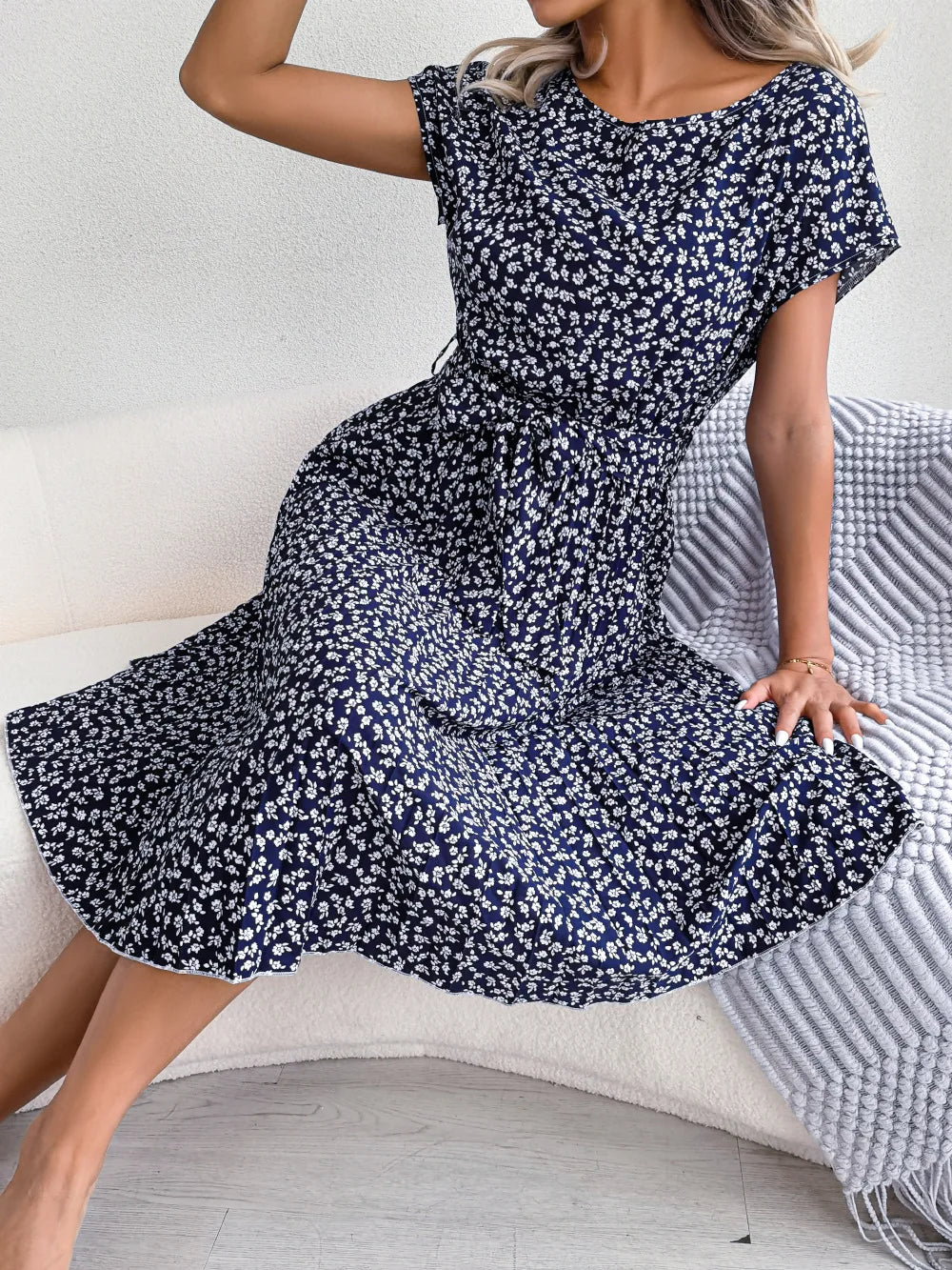 Women's Floral Pleated A Line Long Spring Summer Short Sleeve High Waist Chic Dress