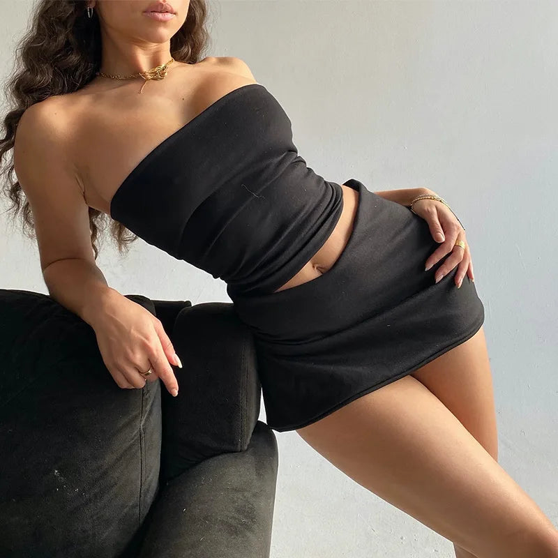 Women's Strapless Solid Crop Top and Skirt 2 Piece Set Outfit Co-Ord Sets Matching Set