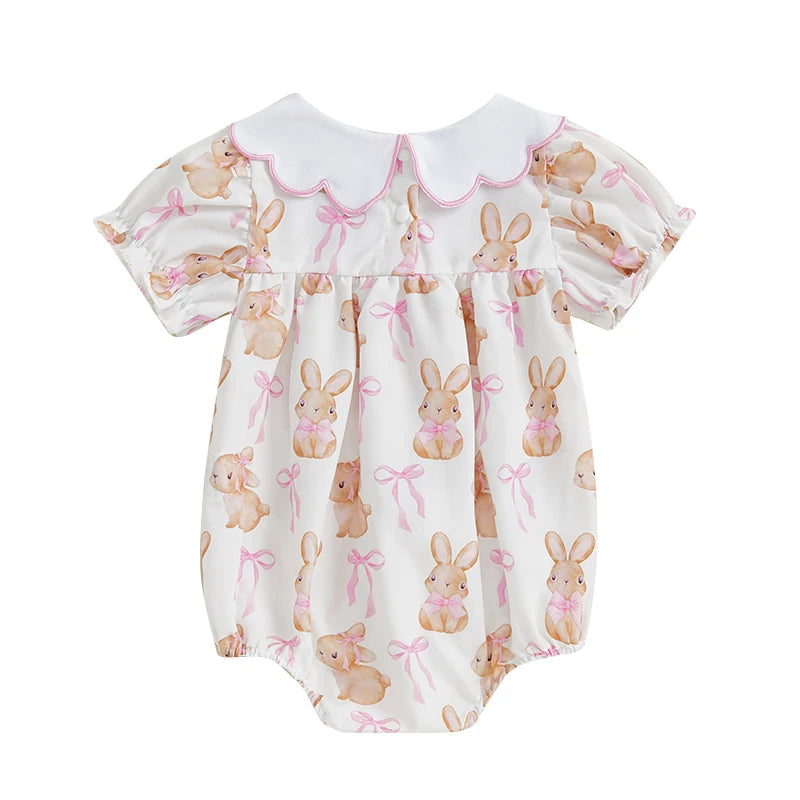 Easter Baby Girls Cute Romper - 3 Style Rabbit Bow Print Doll Collar Ruffle Short Sleeve Bodysuit (0-18M)