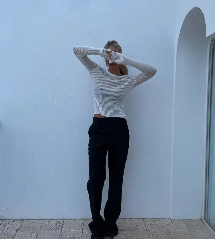 Women's Elegant Striped See Through Long Sleeve Top