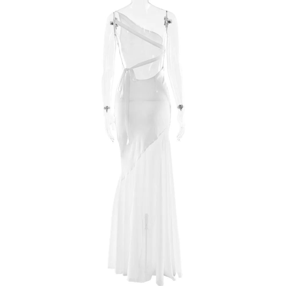Women's Elegant Asymmetrical Backless Maxi Dress - Bandage Sleeveless Mesh