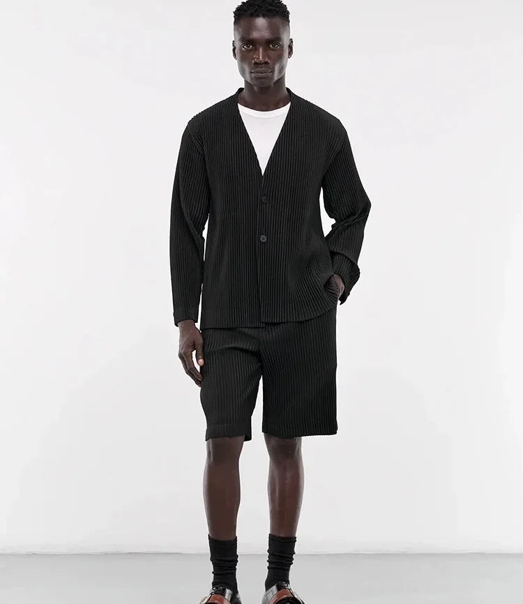 Men's Japanese Pleated Premium Sense Jacket Casual Loose Collarless Set