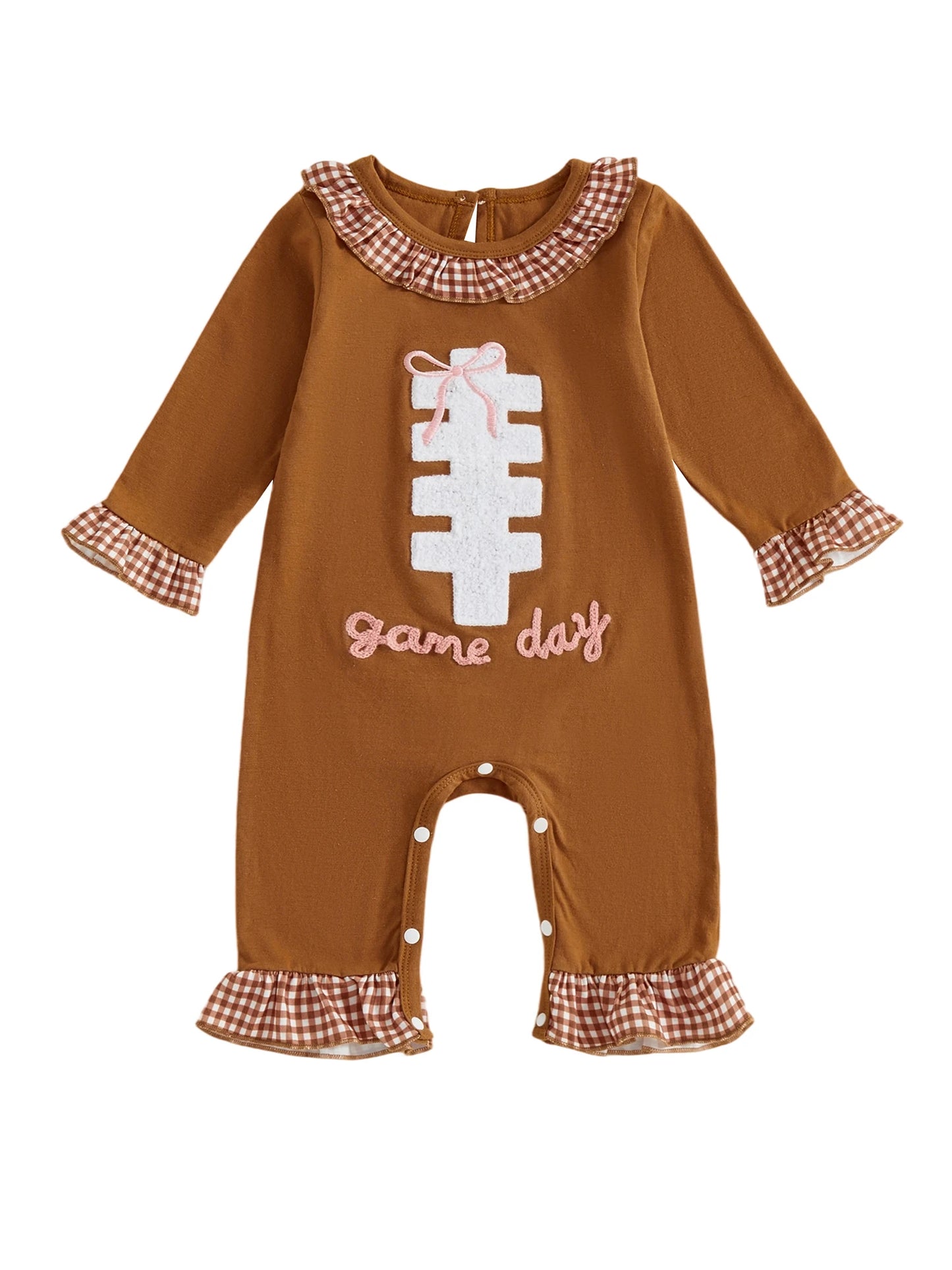 Baby Autumn Winter Romper - Plaid Print Football Embroidery Ruffled Jumpsuit (0-18M)