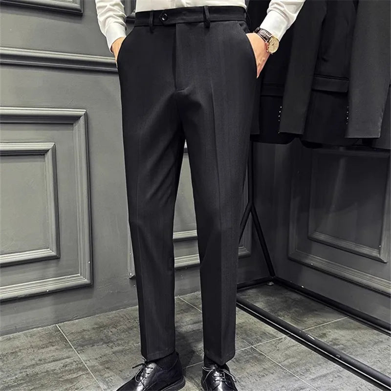 Men's Striped Suit Pants - Smart Casual Straight Trousers for Office & Wedding