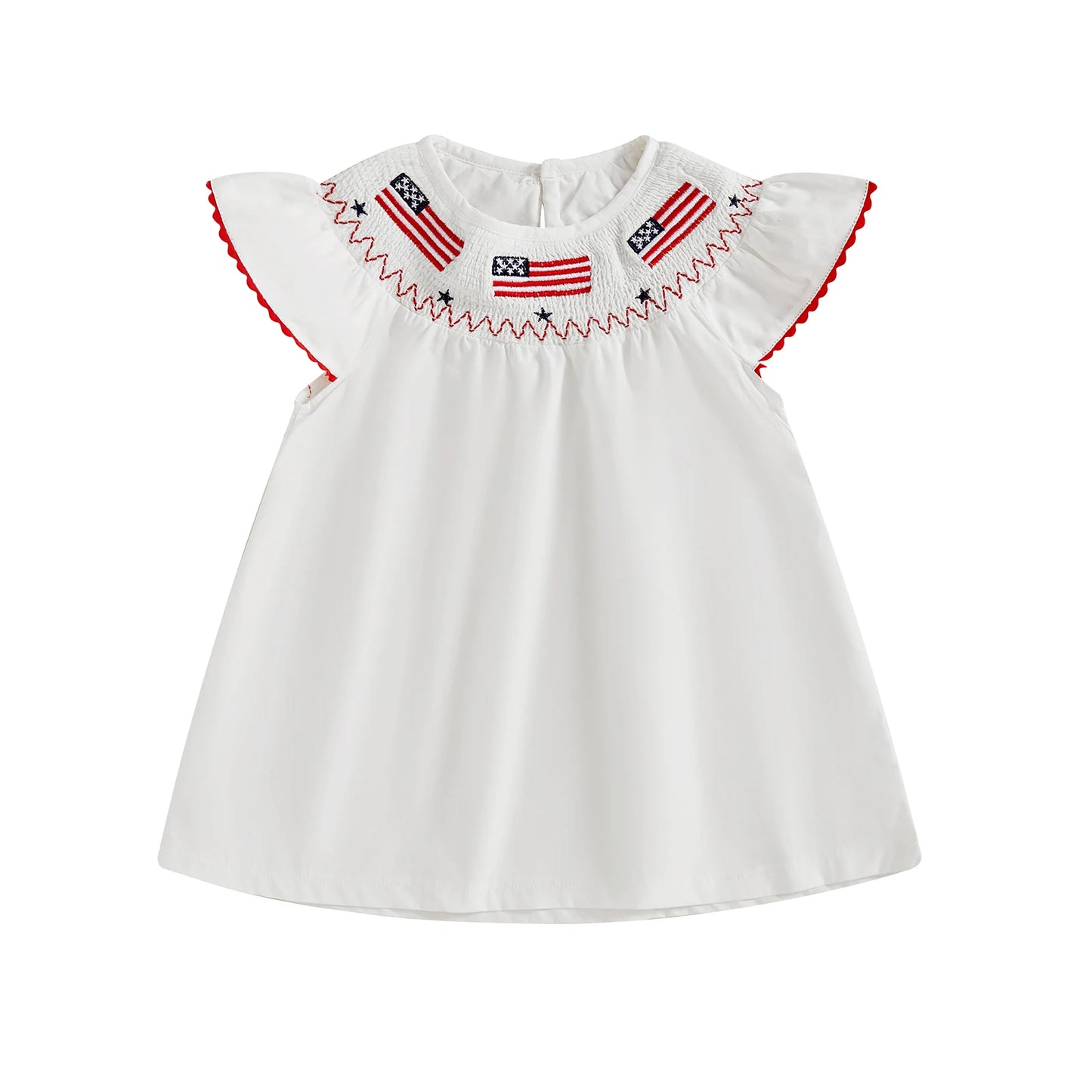 Kids Girls Dress 0-5Y USA Flag Embroidery Dot/Plaid Print Short Sleeve A-Line Dress