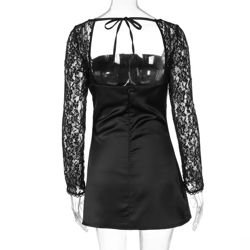 Women's Lace Long Sleeve Mini Square Collar Backless A-line High Waist Party Dress