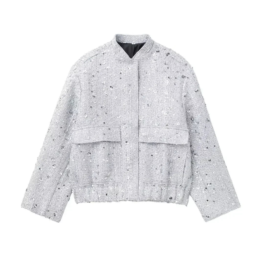 Women's Glitter Chic Sequined Long Sleeve Gold Bomber Jacket