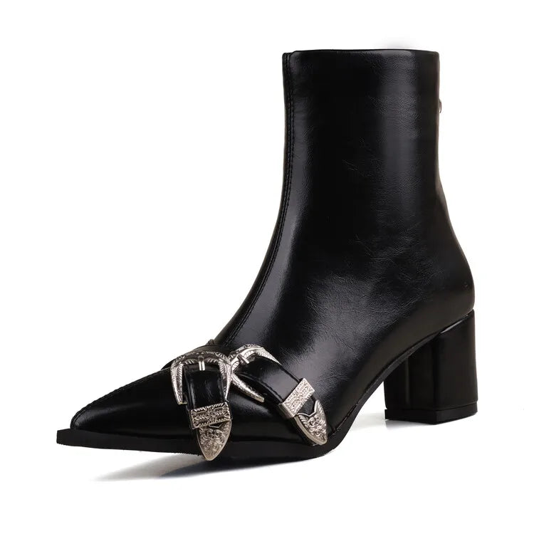 Women's Leather Metal Belt Buckle Short 6cm Square Heel Rivet Boot Back Zipper Boots
