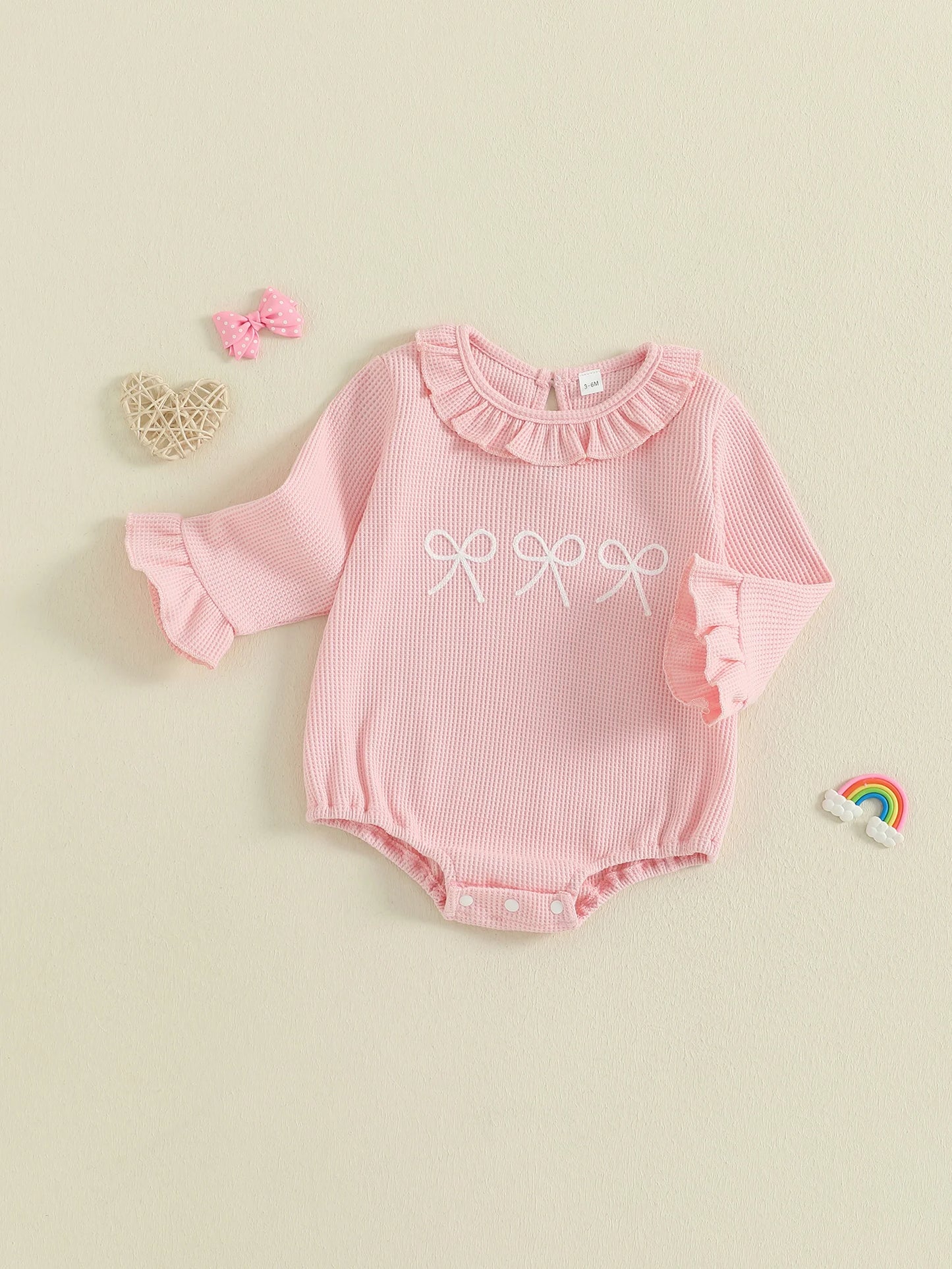 Lovely Baby Girls Bubble Romper - Bow Embroidery Long Sleeve Ruffle Jumpsuit (0-18M)