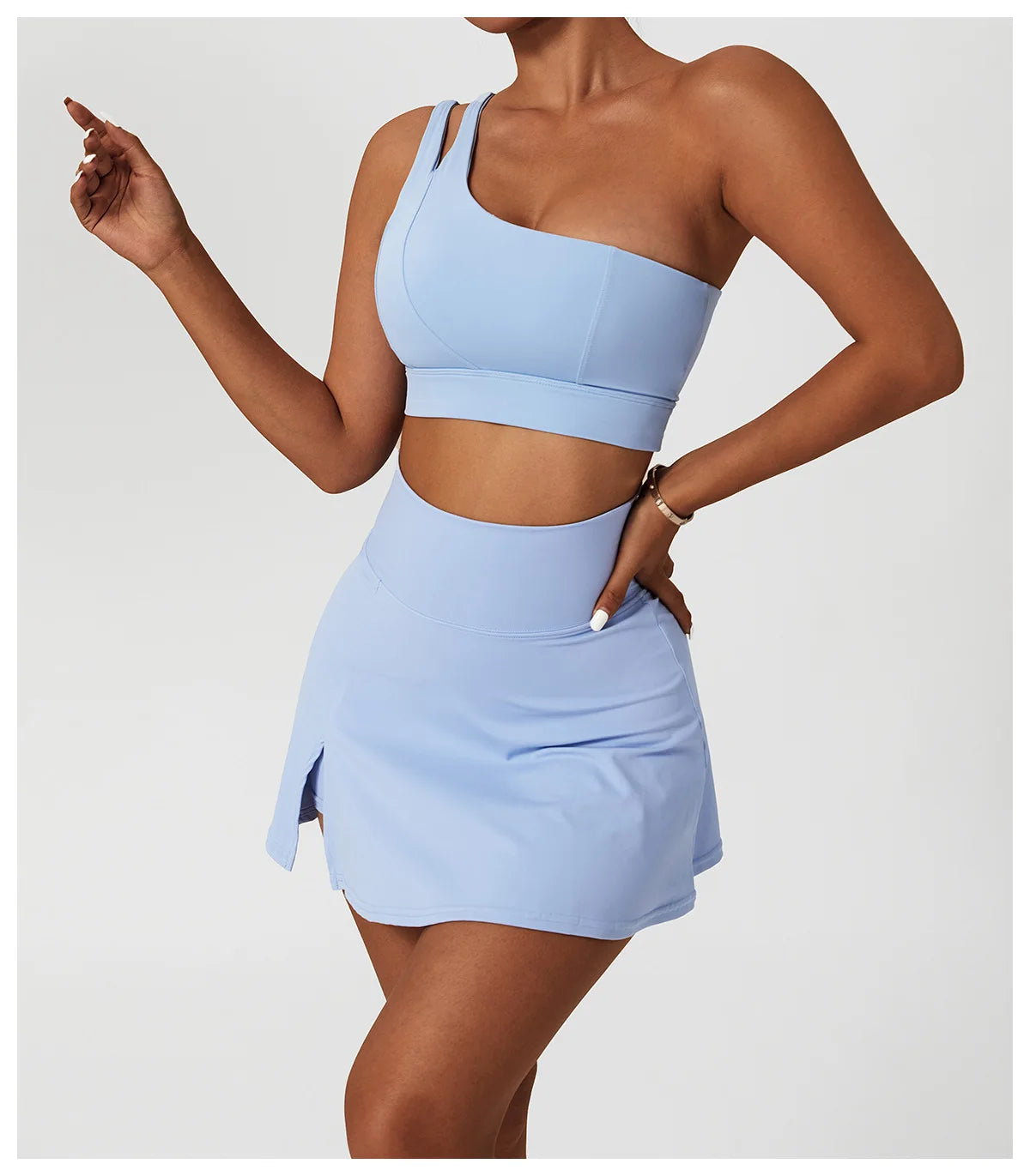 Women’s 2pc Sports Skirt Suit Outdoor Leisure Single Shoulder Bra Suit Quick Drying Tennis Set Yoga workout Skirt Set