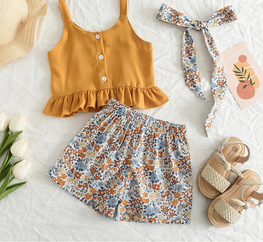 Girls' Summer Outfit Set - Solid Suspender Top with Floral Shorts 2-Piece